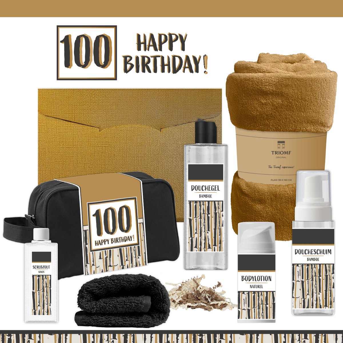 Geschenkset “100 Happy Birthday!” - 7 producten - 1390 gram | Giftset voor hem Vader Papa Honderd jaar Cadeau Luxe Wellness Pakket Man Speciaal Cadeaupakket Doos Handdoeken Fleecedeken Geschenk Cadeaudoos Verjaardag Vriend Gift Set Douche Goud