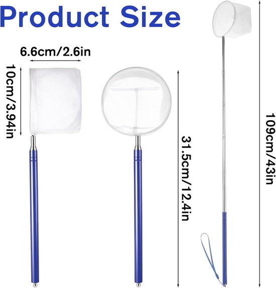10 cm, rond schepnet, aquariumnet, klein visnet, garnalennet met 31,5 cm tot 109 cm lange uittrekbare roestvrijstalen handgreep voor aquaria, kleine vijvers, garnalen (blauw rond) — afbeelding 2