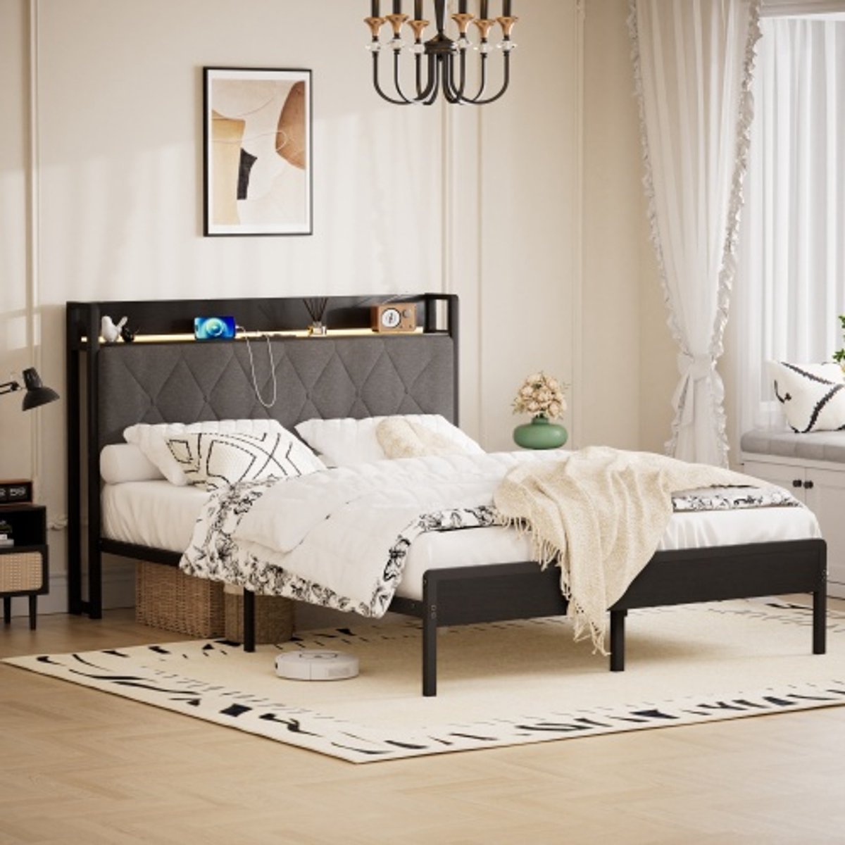 Metalen bedframe 140 x 190 cm - Met opbergruimte - LED-verlichting - USB-aansluiting - Met hoofdbord - Zwart/Grijs