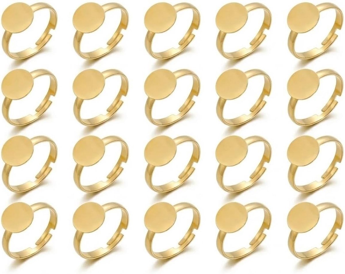 20 stuks verstelbare ringhouders, 10 mm, rond, goud, basis voor ring, cabochon, leeg, sieradencomponenten voor knutselen, knutselen, ringen maken