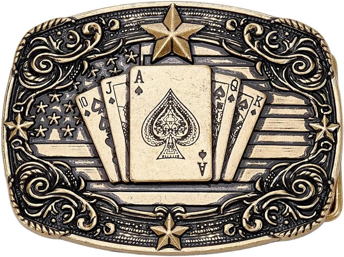 Bronzen westerse riemgesp voor mannen en vrouwen, zinklegering poker, Amerikaanse vlag stijl vintage gesp voor dagelijks cowboyfeest vaderdag verjaardagscadeau decoratie, 8,9 x 6,7 cm
