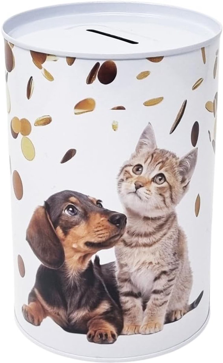 Spaarpot ontwerp kat met hond van metaal blik niet te openen 16 x 11 cm