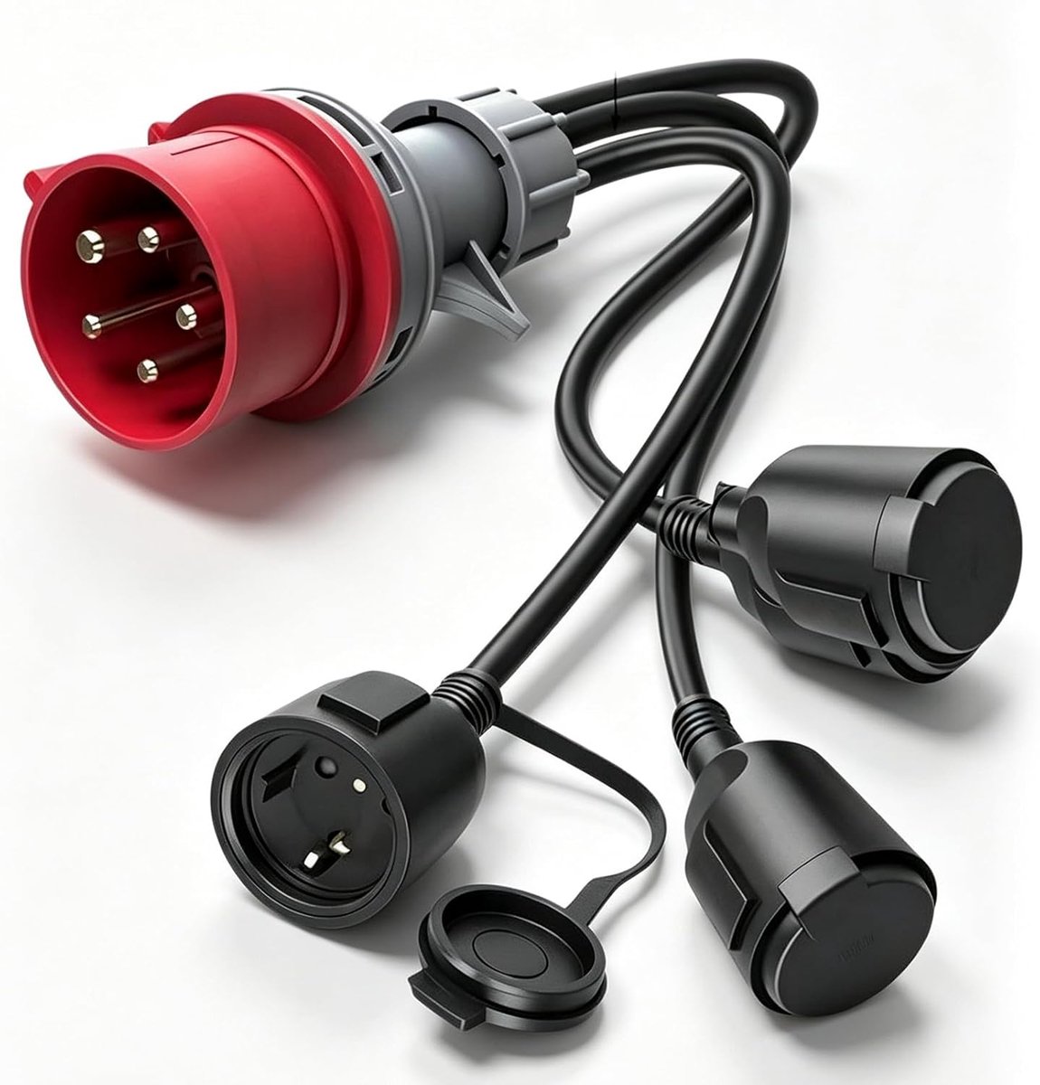 CEE-adapter, krachtstroomverdeler, 400 V, 16 A, stekker op 3 x 230 V Schuko-koppeling, CEE-koppeling, verlengkabel met geaard contact en klapdeksel, stroomverdeler voor camping, caravan, industrie