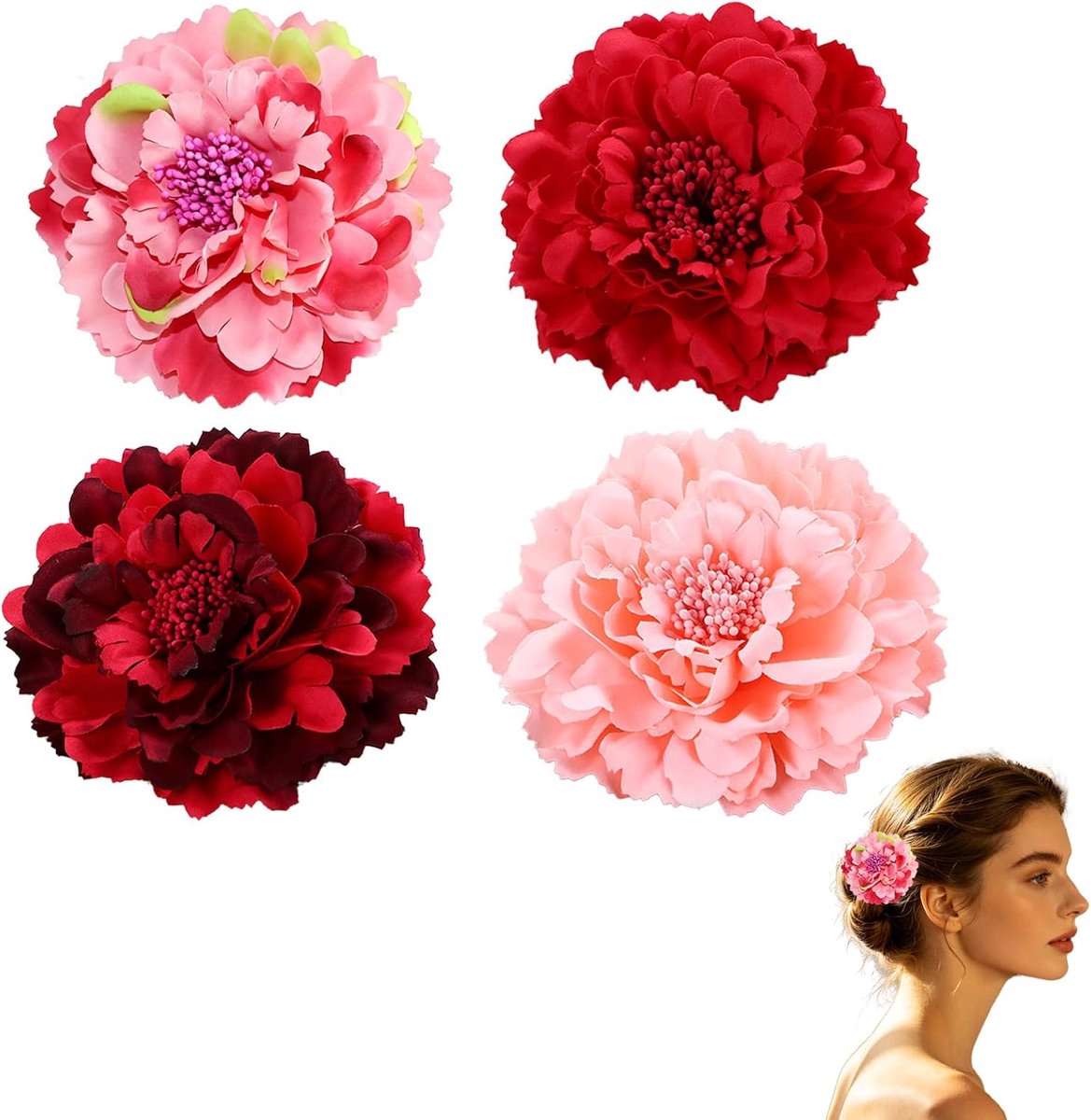 4 stuks bloem haarclips pioenroos Ø 11 cm, elegante haaraccessoires in bordeaux, rood, oranje roze en perzik roze voor bruiloft, feest, bal en dagelijks gebruik