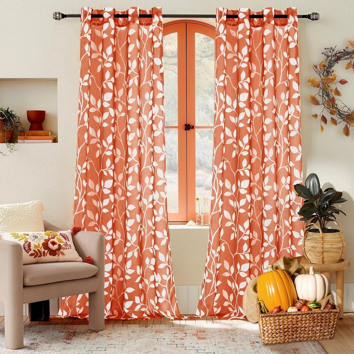 Gordijnen, oranje, rood, transparant, grote hoogte 140 x 260 cm, voor moderne woonkamer, voile gordijn, bedrukt, bladeren, binnengordijnen, met oogjes, decoratie, slaapkamer, 2 stuks
