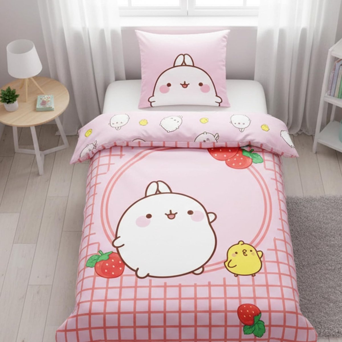 Molang beddengoed 135 x 200 + 80 x 80 cm – Renforce katoen – Konijn & kuiken Piu Piu in aardbeienstijl – Öko-Tex, ritssluiting