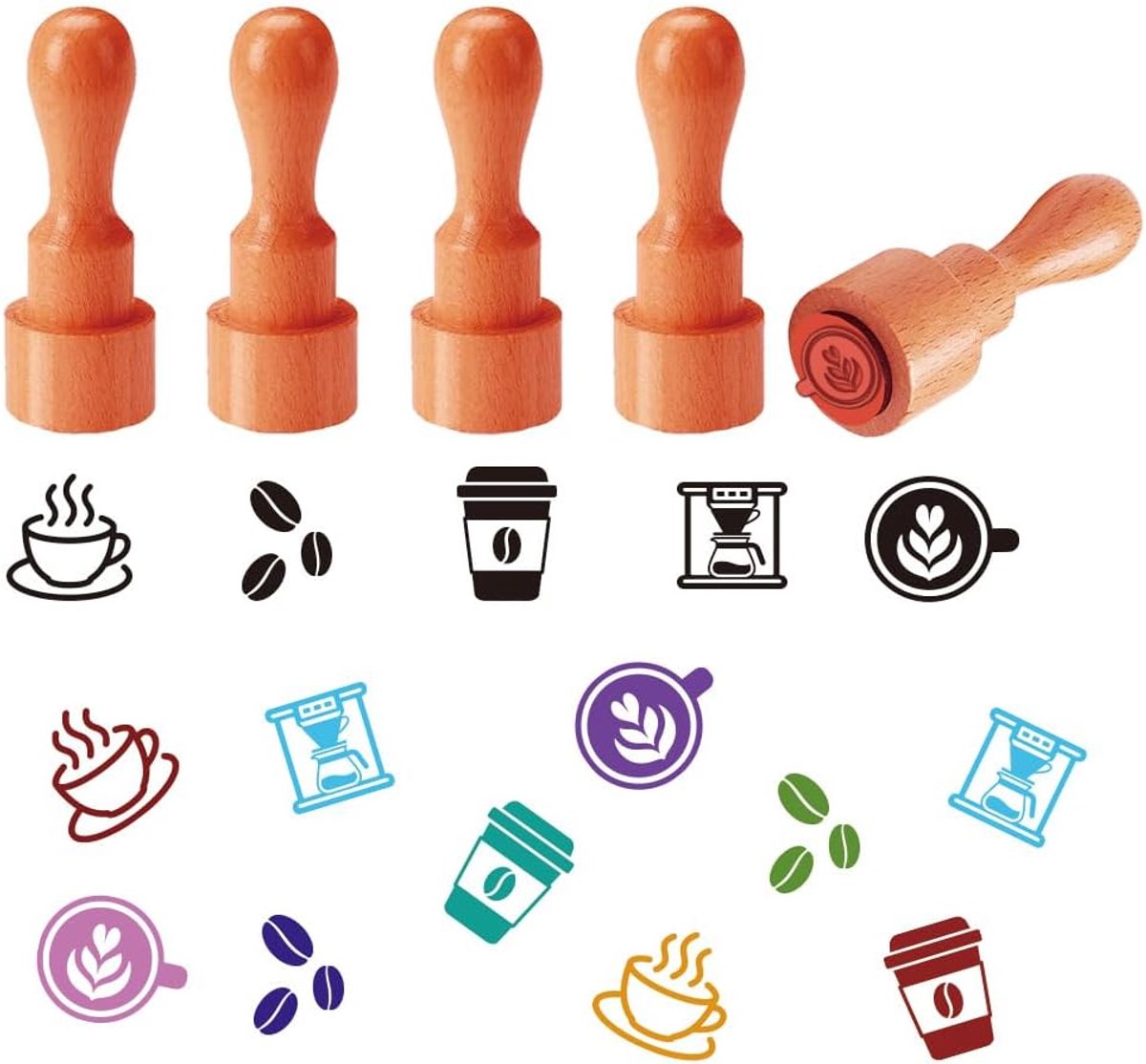Houten Rubber Stempels, Koffie Thema Ronde Handvat Stempels Minimalistische Vintage Koffie Cup en Bean Patronen Houten Stempel voor DIY Crafting Scrapbooking Kaart Maken