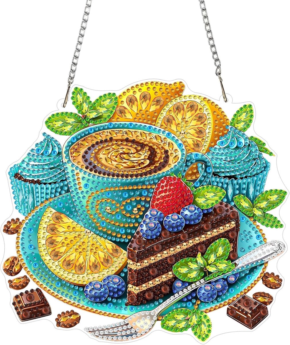 5D Koffie Diamantschilderij Hanger, Desserts en Citroenen Ornament Kit, DIY Kristal Strass Acryl Sierhanger voor Raam, Muur, Deur en Tuin Decoratie