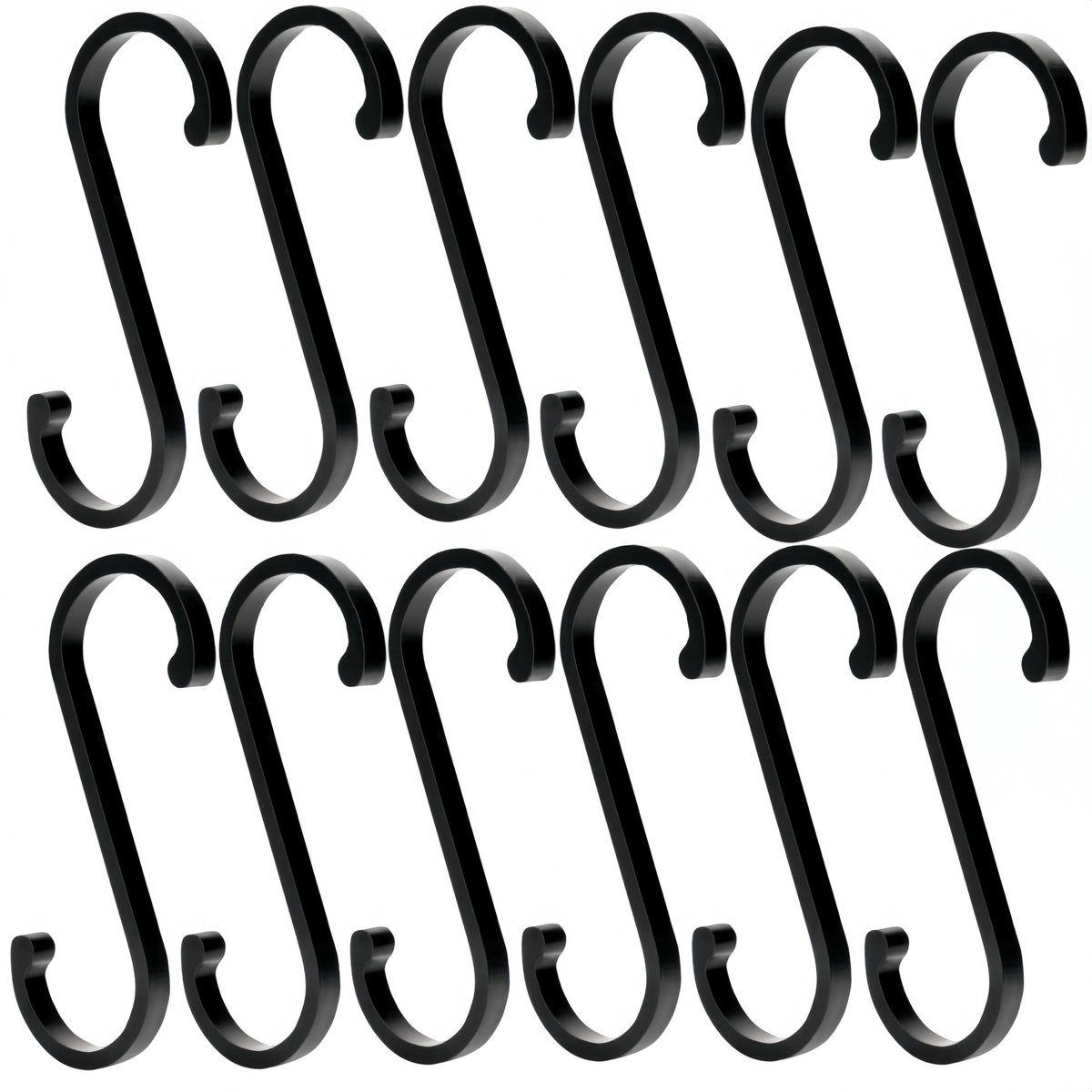 Haken, 12 stuks, zwart, S-haken voor hangende potten en pannen, planten, koffiekopjes, kleding, keuken, badkamer, kantoor en tuin (zwart)