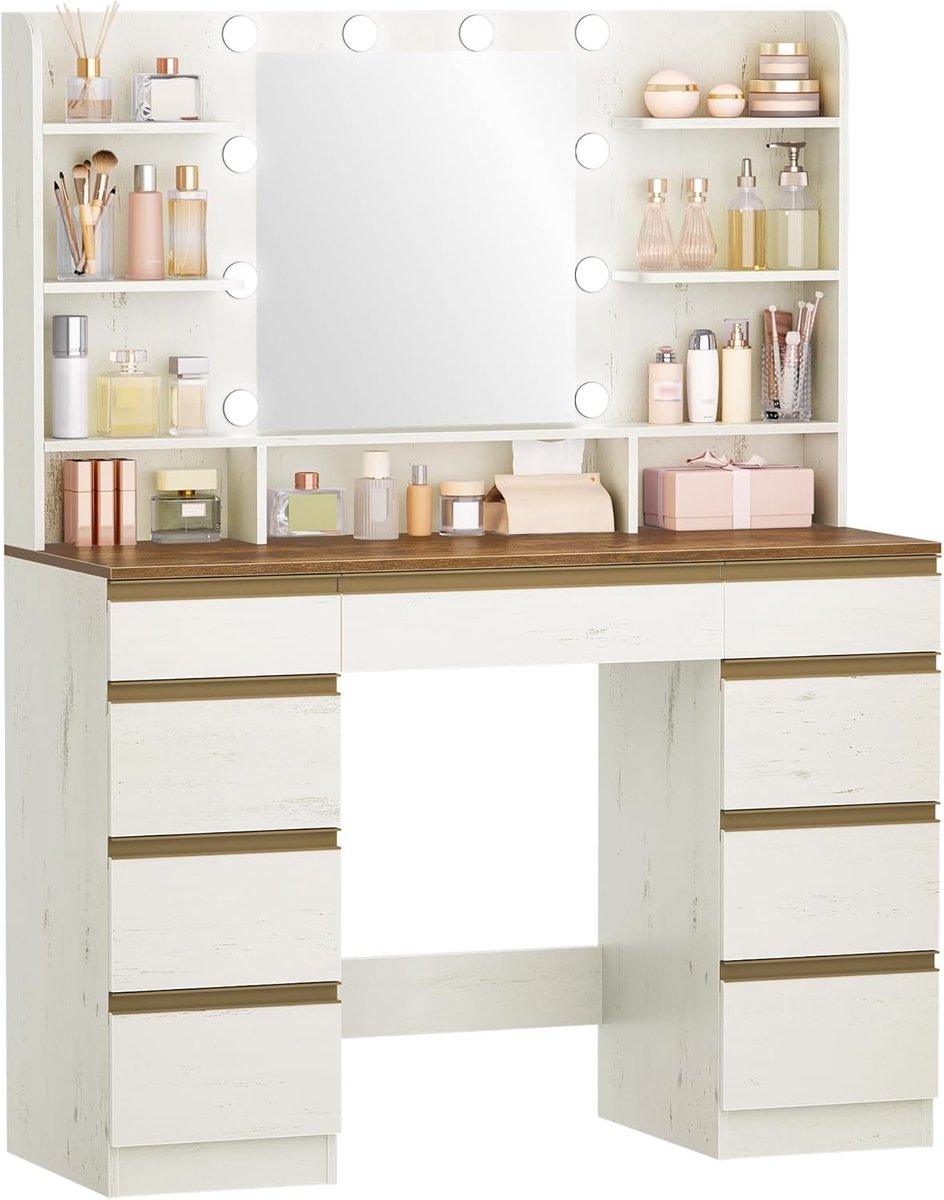 Hzuaneri Grote kaptafel met LED-verlichting, witbruin, kaptafel met spiegel, 10 LED-lichtbollen, 3 kleuren, instelbare helderheid, 9 lades, 9 open schappen,40 x 108 x 140 cm