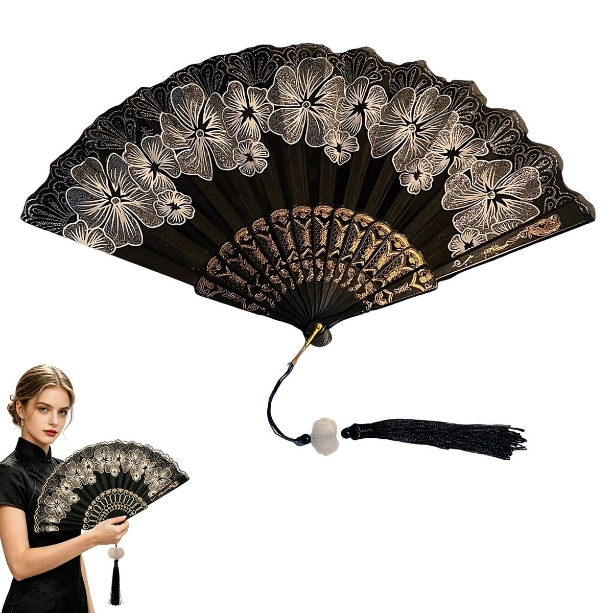 Opvouwbare handwaaier, vintage, zwart, van kant en bamboe, voor dames, bruiloft, ideaal voor eindexamenfeesten, kostuumfeesten en fotoshoots, voor foto's en wanddecoratie