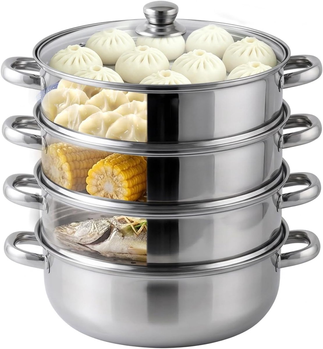 SnelShoppen - Stoomkoker 11 inch Roestvrijstaal, 3 en 4-niveau Stoompan met Glazen Deksel, Stapelbare Stoompan voor Groenten, Vis, Pasta en Soepen, Ge