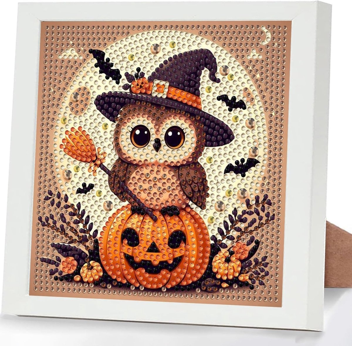 Halloween uil diamond painting kinderen met lijst, 5D diamond painting afbeeldingen volwassenen, diamant schilderij set cadeau voor kinderen en meisjes vanaf 6 8 10 jaar, diamond art home decor