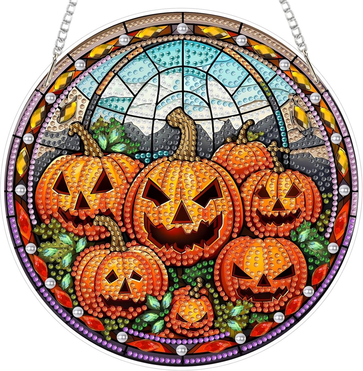 Halloween Diamond Art Hangende Kits voor Volwassenen Kinderen, 5D Speciale Vorm Herfst Pompoen Diamant Schilderen Hanger Kits, Kristallen Steentjes Landschap Edelsteen Arts Ambachten Kit voor