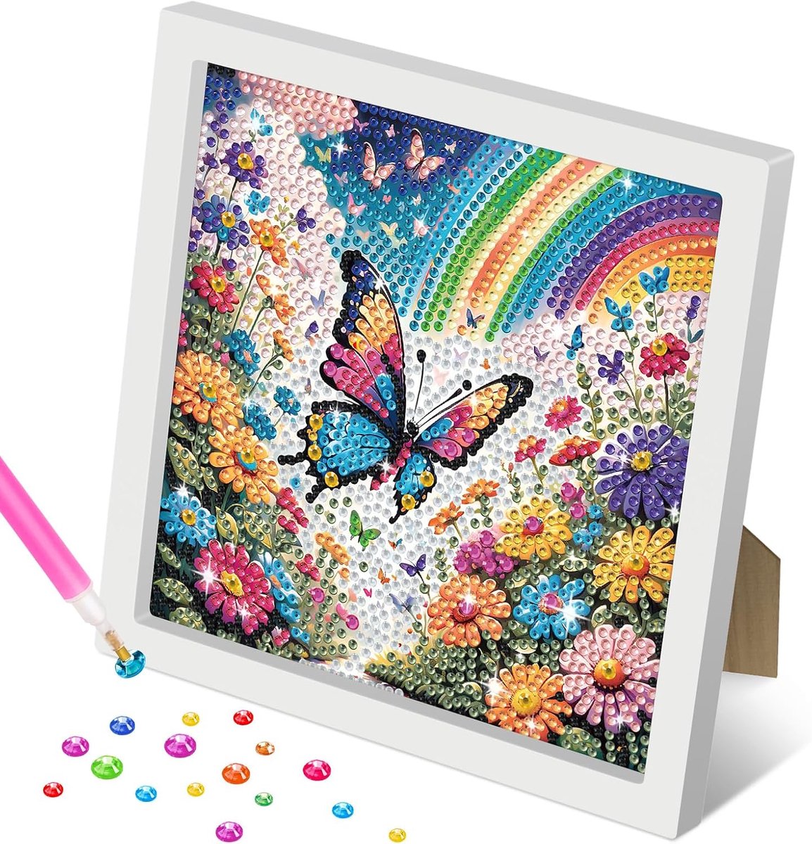 Diamond Painting 5D vlinder voor kinderen met lijst, diamantschilderij, dieren, bloemen, landschap, diamantschilderij, kinderen vanaf 4, 6, 8, 10 jaar, als cadeau voor thuis, wanddecoratie (18