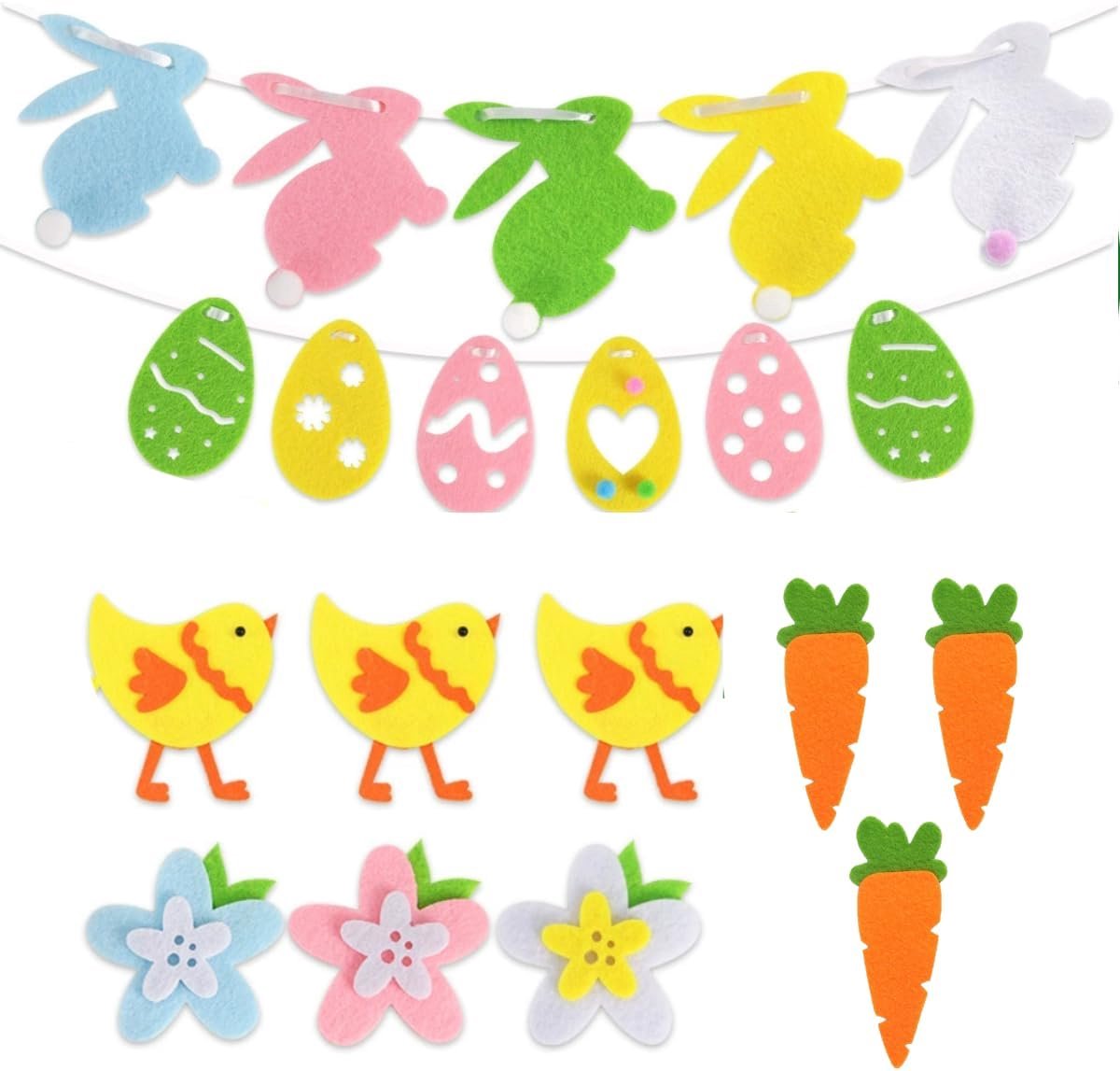 Hangende vilten paasgirlande, paashazen, paaseieren, worteltjes, kippendecoratie, decoratieve slinger voor kleuterschool en school, paasdecoratie