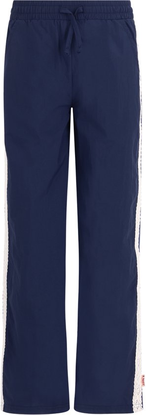 Donkerblauwe meisjesbroek met trekkoord en witte kanten strepen aan de zijkant.