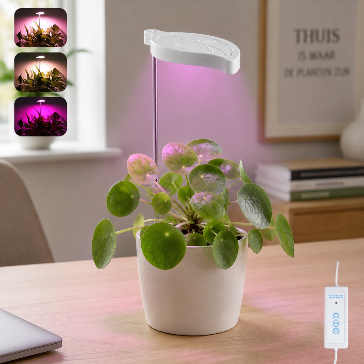 Rosnek LED Plantenlamp met Bladvormige Kop - Hoogte Verstelbaar - 3 Lichtmodi - 5 Helderheidsniveaus - Timer 3/6/12 Uur