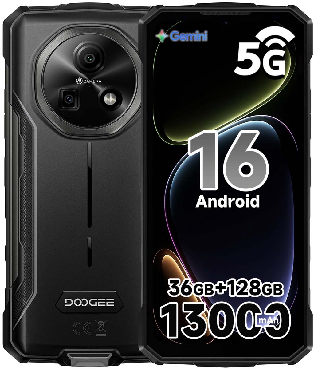 DOOGEE Fire 7 Robuuste Smartphone - IP68/IP69K Outdoor Telefoon - Dual SIM 5G - 6GB RAM - 128GB ROM - 13000mAh 18W - Android 15 - 6,6 inch - 64MP AI-camera - NFC, GPS, OTG - Zwart