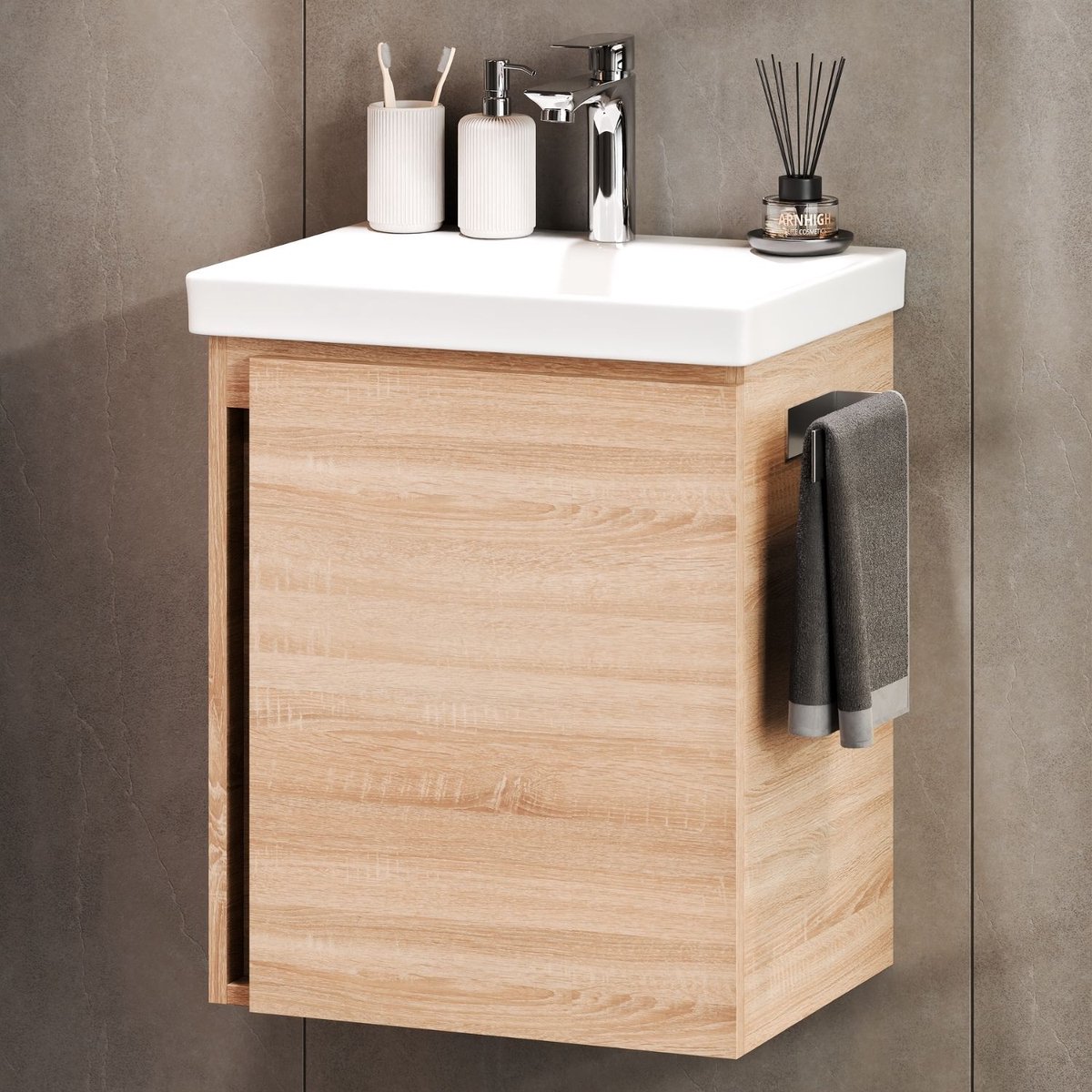 Planetmöbel - Wastafelonderkast 50 cm - Sonoma eiken - Met wastafel - Grieploos