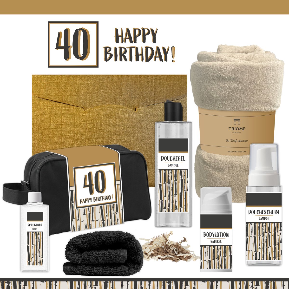 Geschenkset “40 Happy Birthday!” - 7 producten - 1390 gram | Giftset voor hem Vader Papa Veertig jaar Cadeau Luxe Wellness Pakket Man Speciaal Cadeaupakket Doos Handdoeken Fleecedeken Geschenk Cadeaudoos Verjaardag Vriend Gift Set Douche Beige Goud