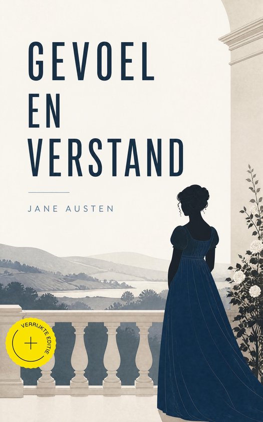 Boekcover 'Gevoel en Verstand' van Jane Austen met een silhouet van een vrouw in een blauwe jurk op een balkon, met uitzicht op een landschap.