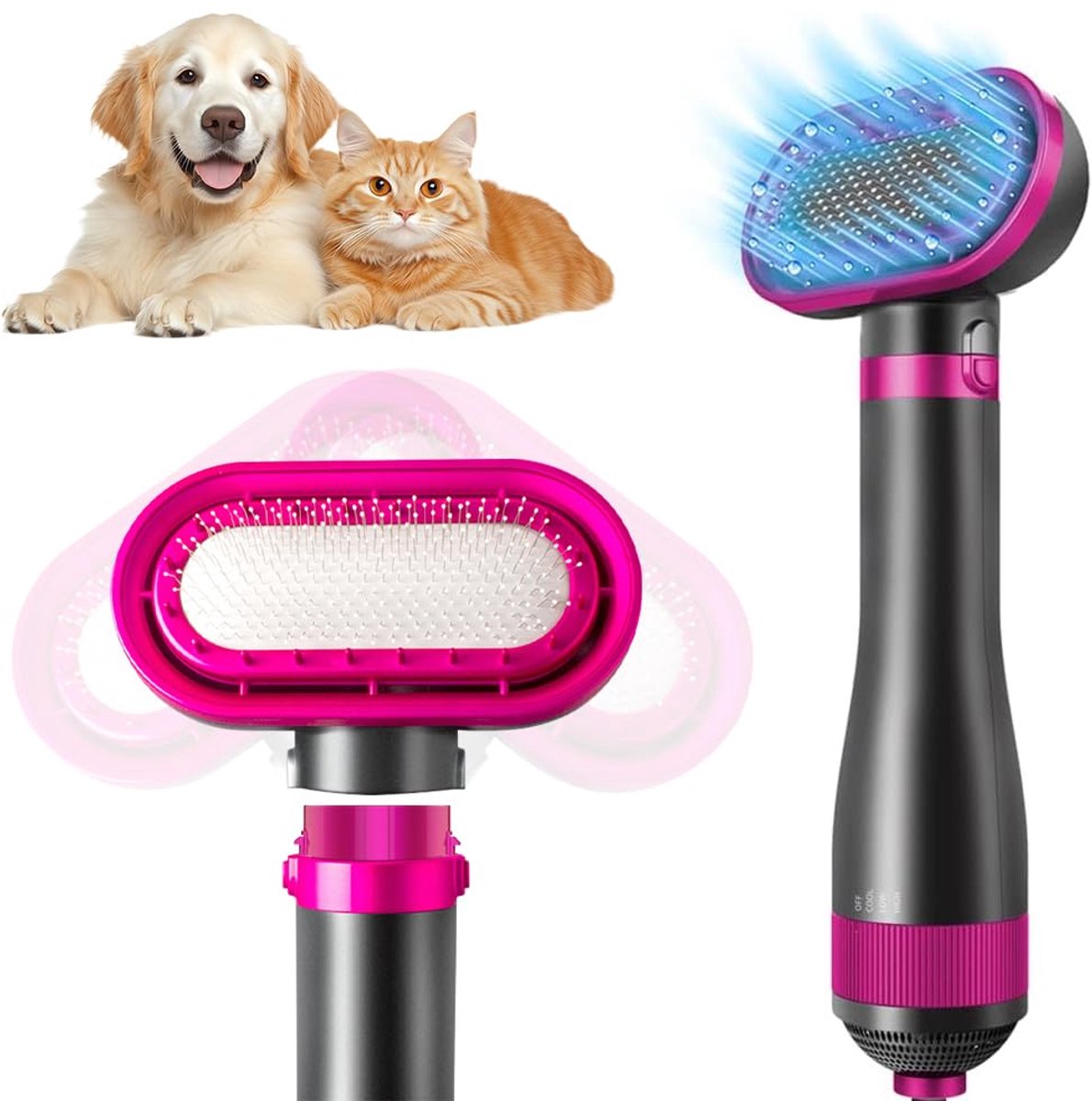 Hondenföhn met haarborstel, 2-in-1 huisdierhaardroger met borstel, draagbare hondendroger met instelbare temperatuur, voor kleine en middelgrote katten en honden