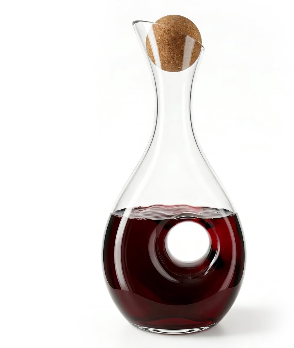 Kristalglas 1.2L - Mondgeblazen Decanteerkaraf met Kurken Dop & Uniek Donut Handvat | Loodvrije Rode Wijn Karaf Beluchter, Luxe Cadeau Wijnliefhebbers Keuken Bar