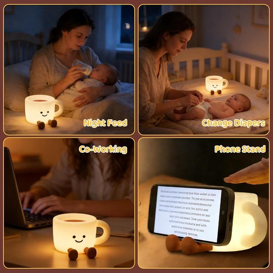 Nachtlampje voor kinderen - koffiekopje, 7 kleuren, zachte siliconen, nachtlampje, schattig nachtlampje, timer, dimbaar, USB-opladen, touch-lamp voor kamerdecoratie, verjaardagscadeau — afbeelding 2