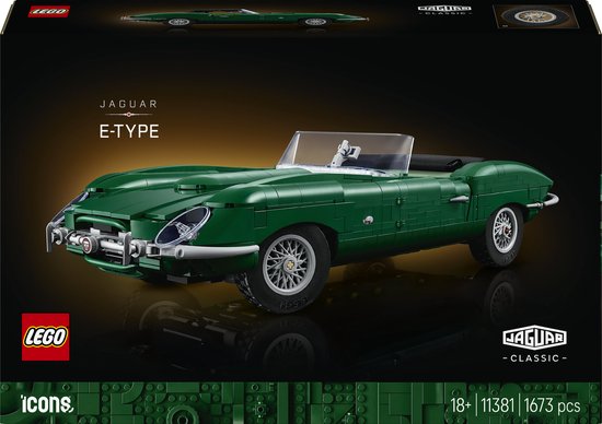 Doos met LEGO Icons Jaguar E-Type klassieke sportwagen, groen, 1673 onderdelen.