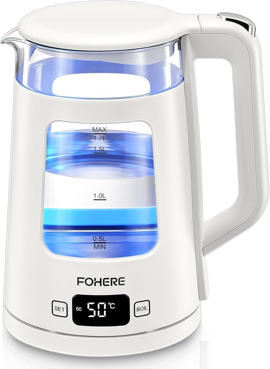Waterkoker 1,7 Liter – Temperatuurregeling – Glazen Waterkoker met Warmhoudfunctie – 2200W – BPA-vrij – Wit