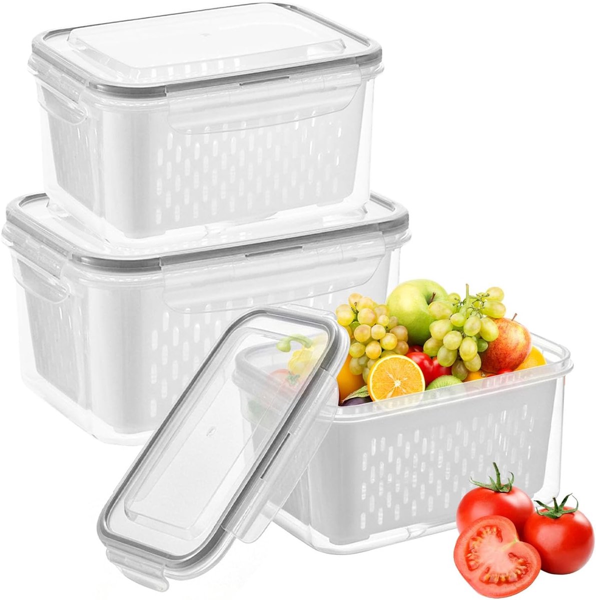 KZQ 3-delige set voedselbewaarcontainers - Koelkastorganizer - Multifunctionele voedselbewaarcontainer - Met uitneembaar filter en deksel - Stapelbaar