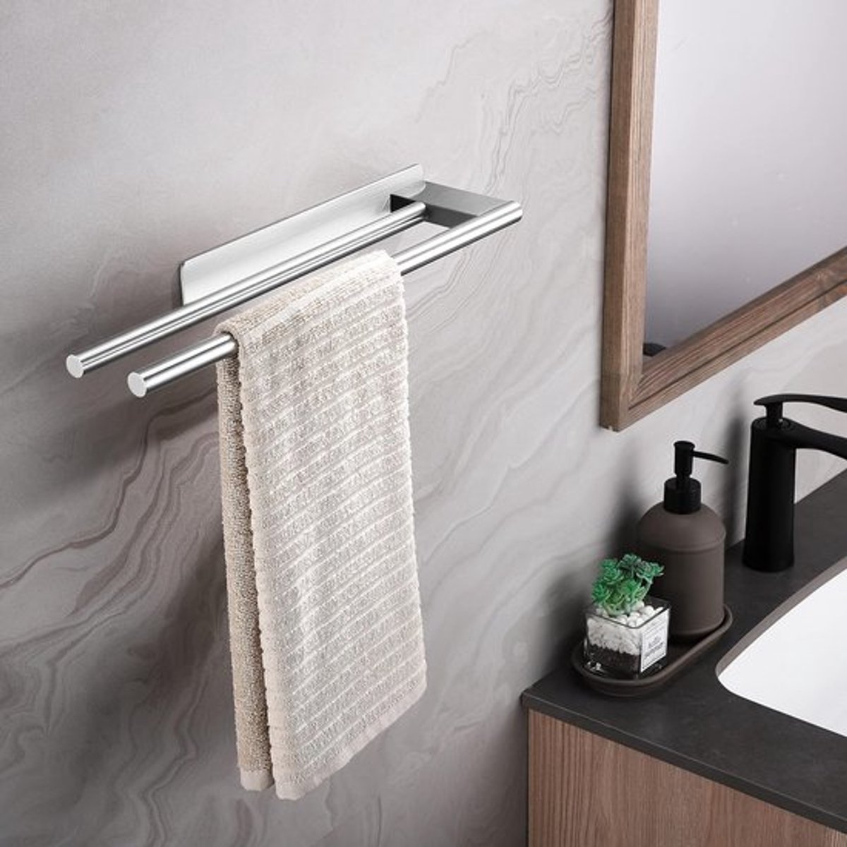 Handdoekrek Badkamer Zilver RVS - Zelfklevend Handdoekstang 39Cm - Badkamerrek - Handdoekenrek - Rek voor Handdoek - Zonder Boren - Opplakrek voor Badkamer/Keuken - Keuken of Badkamer