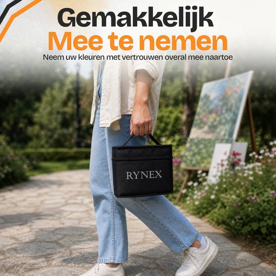 Zwarte RYNEX tas met handvat, gedragen door een persoon in spijkerbroek en wit shirt, met een schilderij op de achtergrond.