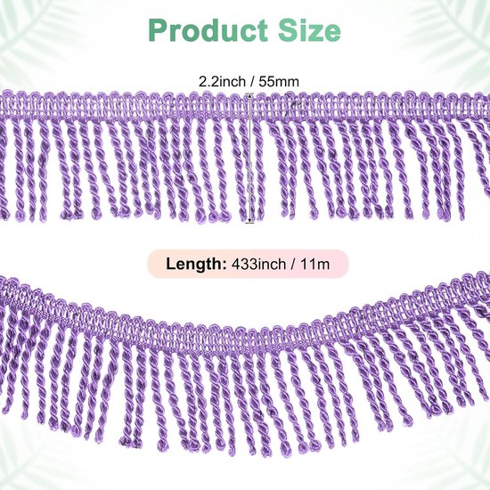 METERXITY 10 meter gordijn franjes franjes rand, 5,6 cm breed polyester franje boho kant naaien franje trimmen kwastje franje trim voor tassen/doe-het-zelf decoratie/rok/bank/kleding [lichtpaars] — afbeelding 2
