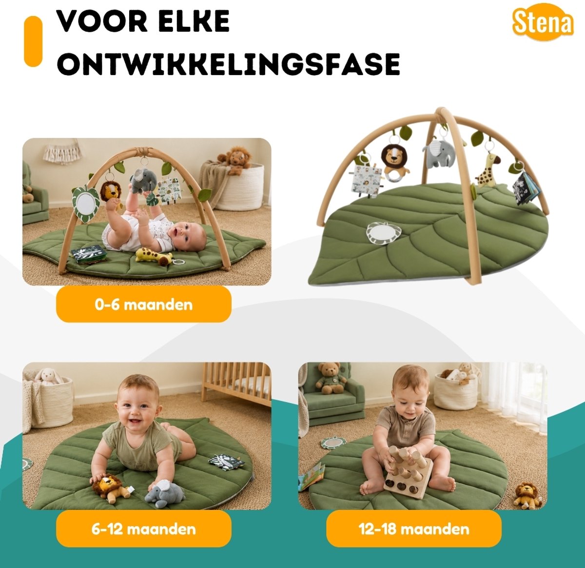 Stena Babygym - Speelkleed Baby met Boog - Jungle+ - 8 Speeltjes - Speelmat - Trendy Design - 0 tot 18 Maanden — afbeelding 4