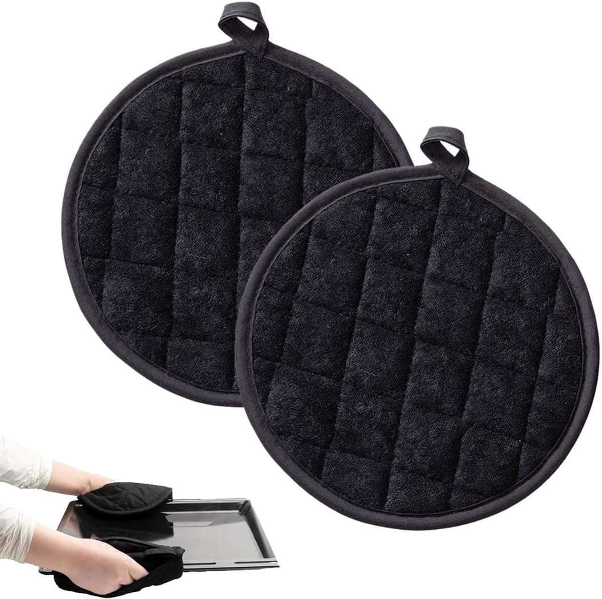 Hittebestendige en antislip keukenaccessoireset van katoen (2 stuks), zilver-zwart, 20 x 20 cm; hittebestendige keukenmat; hittebestendige siliconenmat.