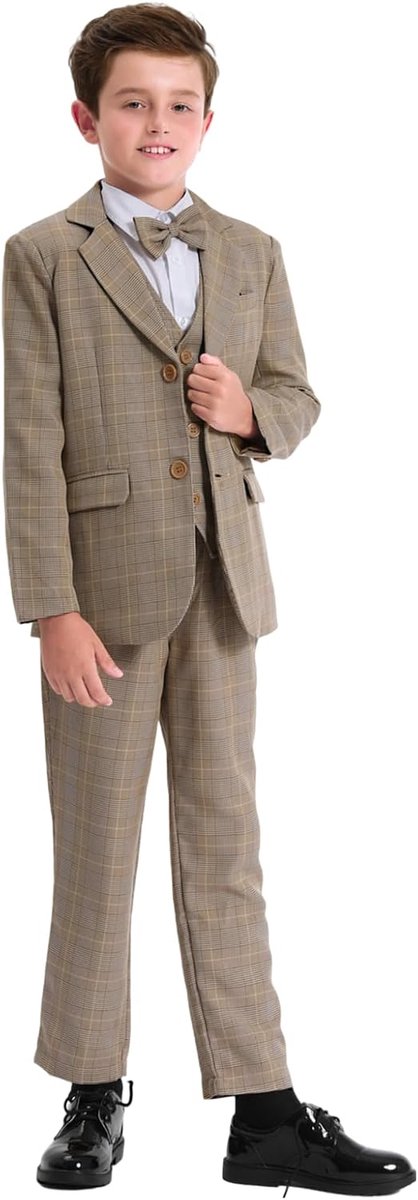 mintgreen 6-delige Jongenspakken Set, Blazer & Broek & Gilet & Overhemd & Stropdas met Pochet, 7-12 Jaar