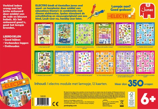 De achterkant van de Electro "Basisschool groep 3&4" spelverpakking met afbeeldingen van de 12 educatieve kaarten, prijzen en instructies.