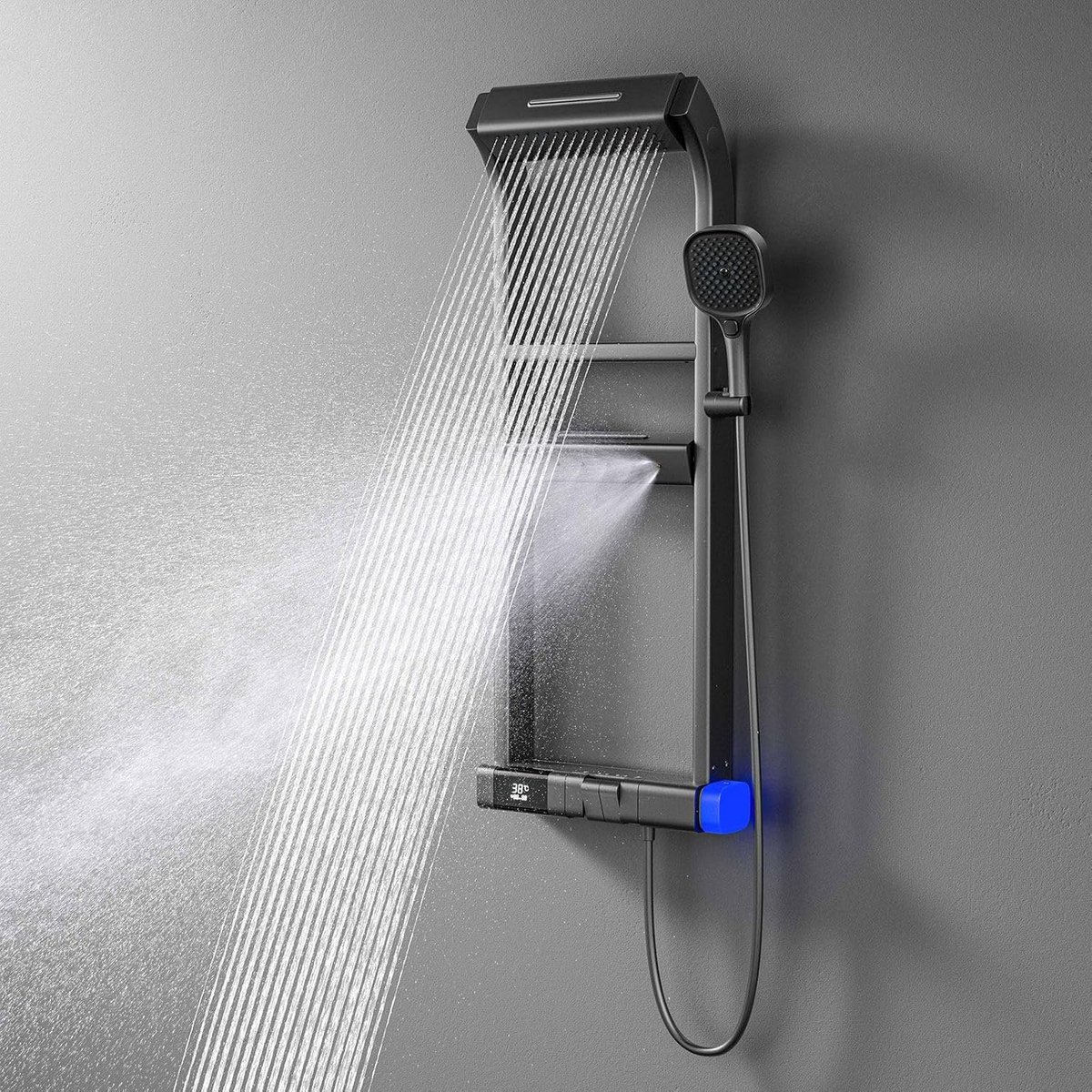 Regendoucheset met Thermostaat – 4 Waterstanden – LED Display – Handdouche – 40 x 10 cm – Grijs