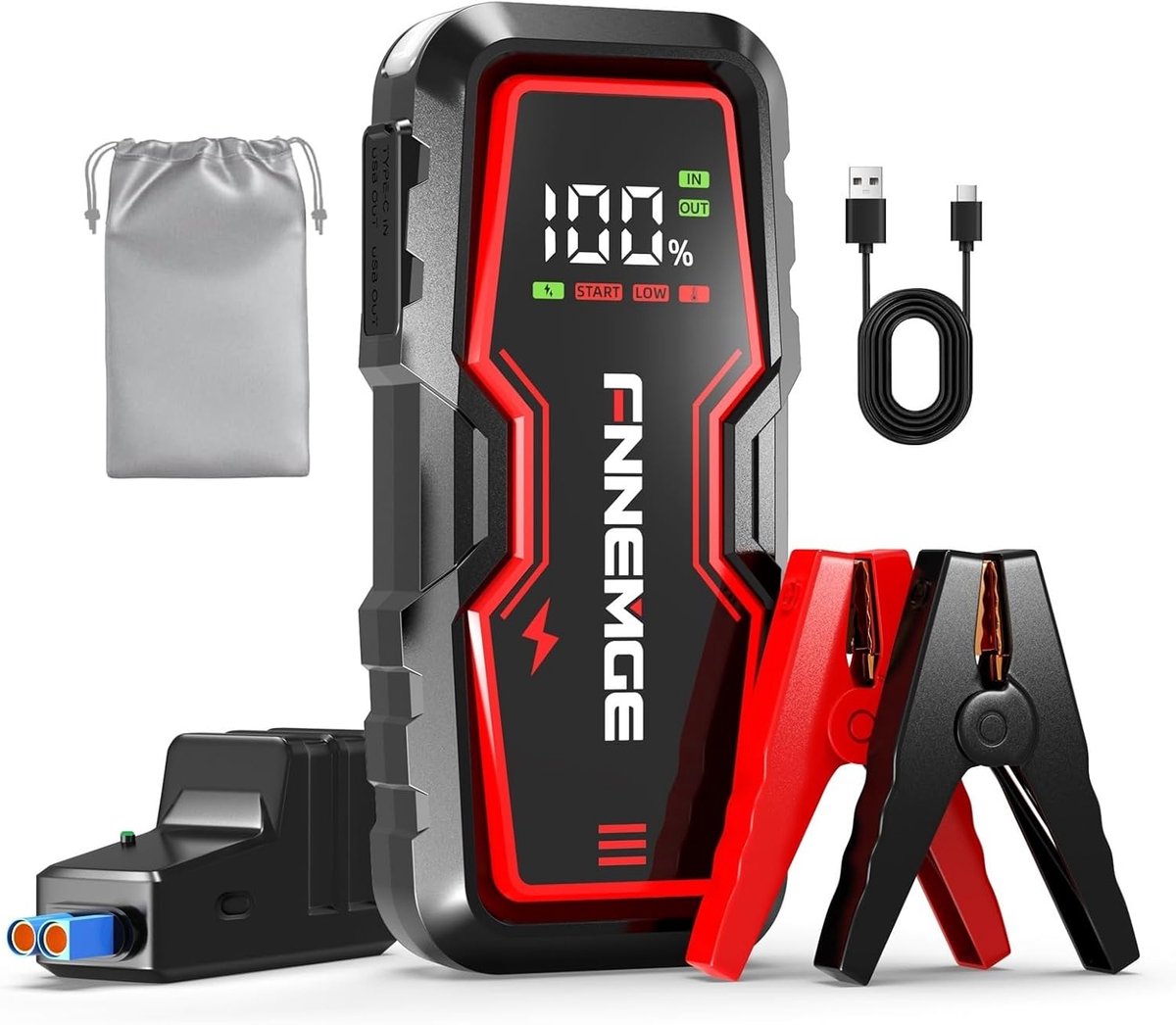 Jumpstarter auto 9000A – 12V accubooster met powerbank, LCD-scherm, LED-noodlamp en slimme startkabels