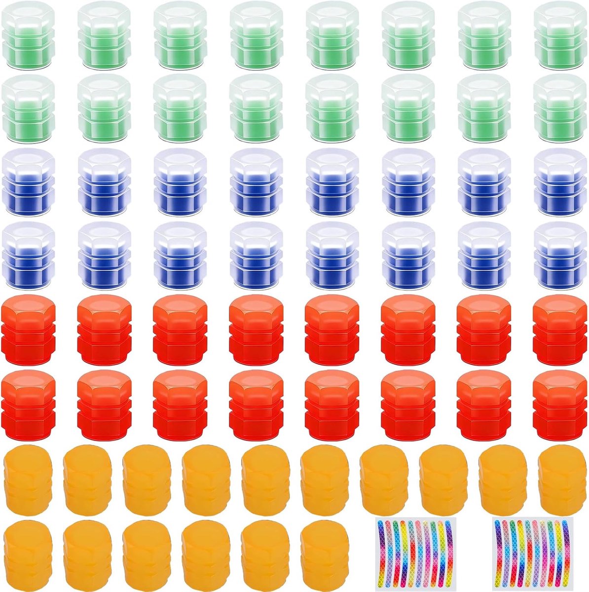 Ventieldoppenset met fietsstickers, 64 x kleurrijke ventieldoppen (groen, blauw, rood, geel) en 20 x reflecterende stickers voor auto en fiets