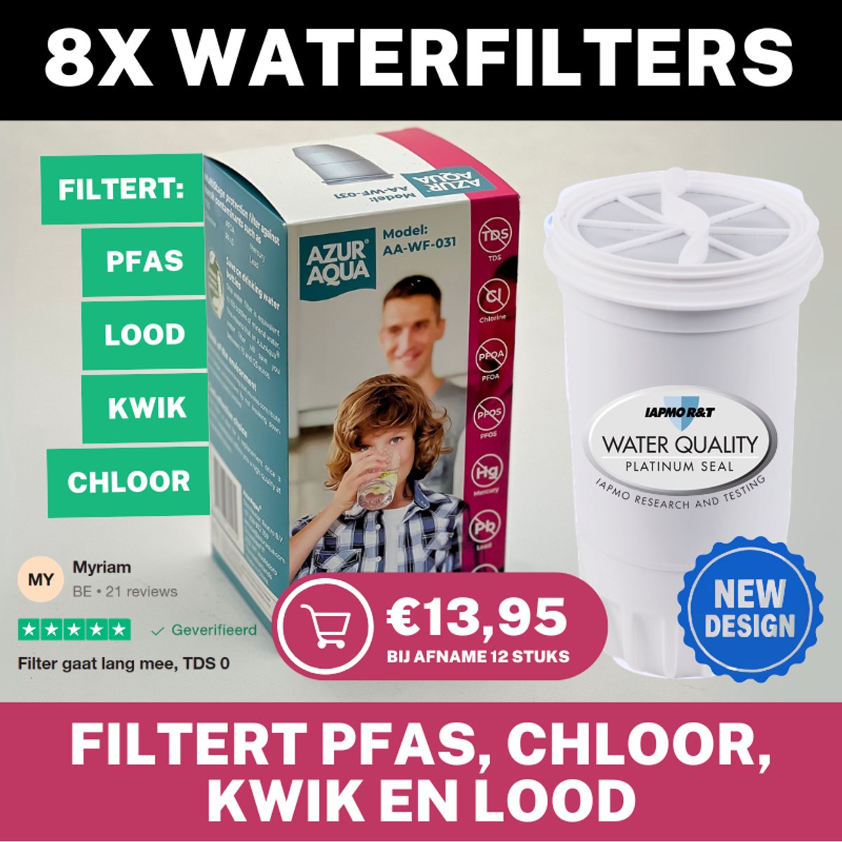 8 Pack - Filtert PFAS, Lood, Kwik en Chloor - 8x Waterfilter veranging voor AzurAqua Waterkan - Verlaag uw TDS naar 0 - BPA vrij - CE en IAPMO gecertificeerd - Bespaar op uw mineraalwater / flessen