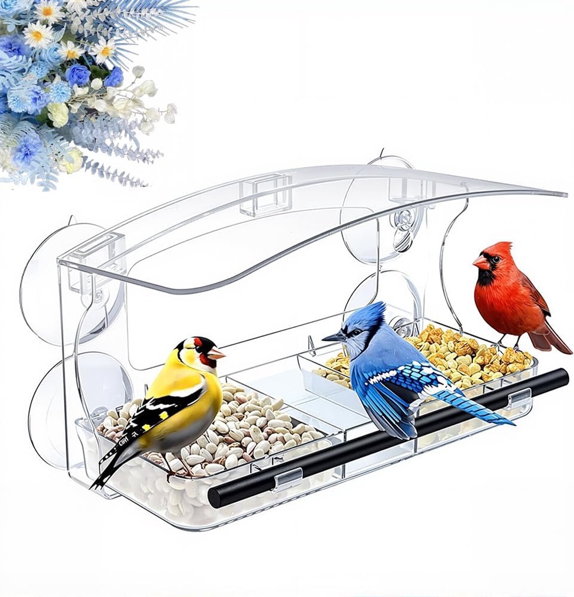 3-in-1 wandvogelhuisje van transparant acryl met voederplaats, voederhuis voor vogels het hele jaar door, weerbestendig, gemakkelijk te reinigen, ideaal voor tuin, terras, raam