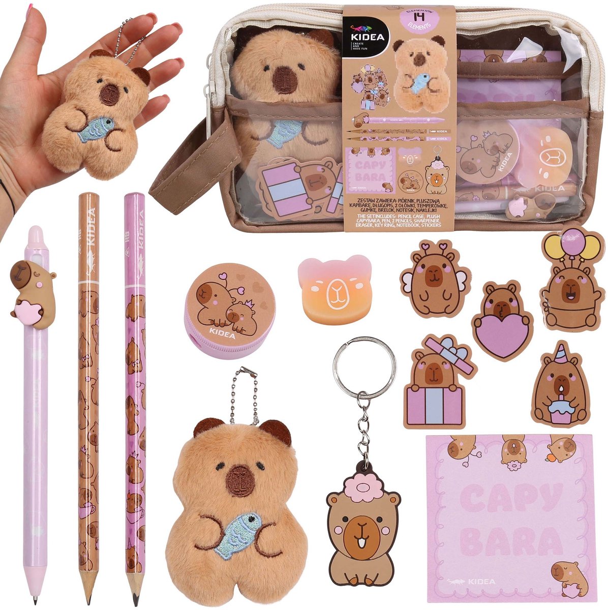 Capibara SCHOOLSET voor meisjes, ETUI MET ACCESSOIRES, schoolbenodigdheden - 14 elementen KIDEA