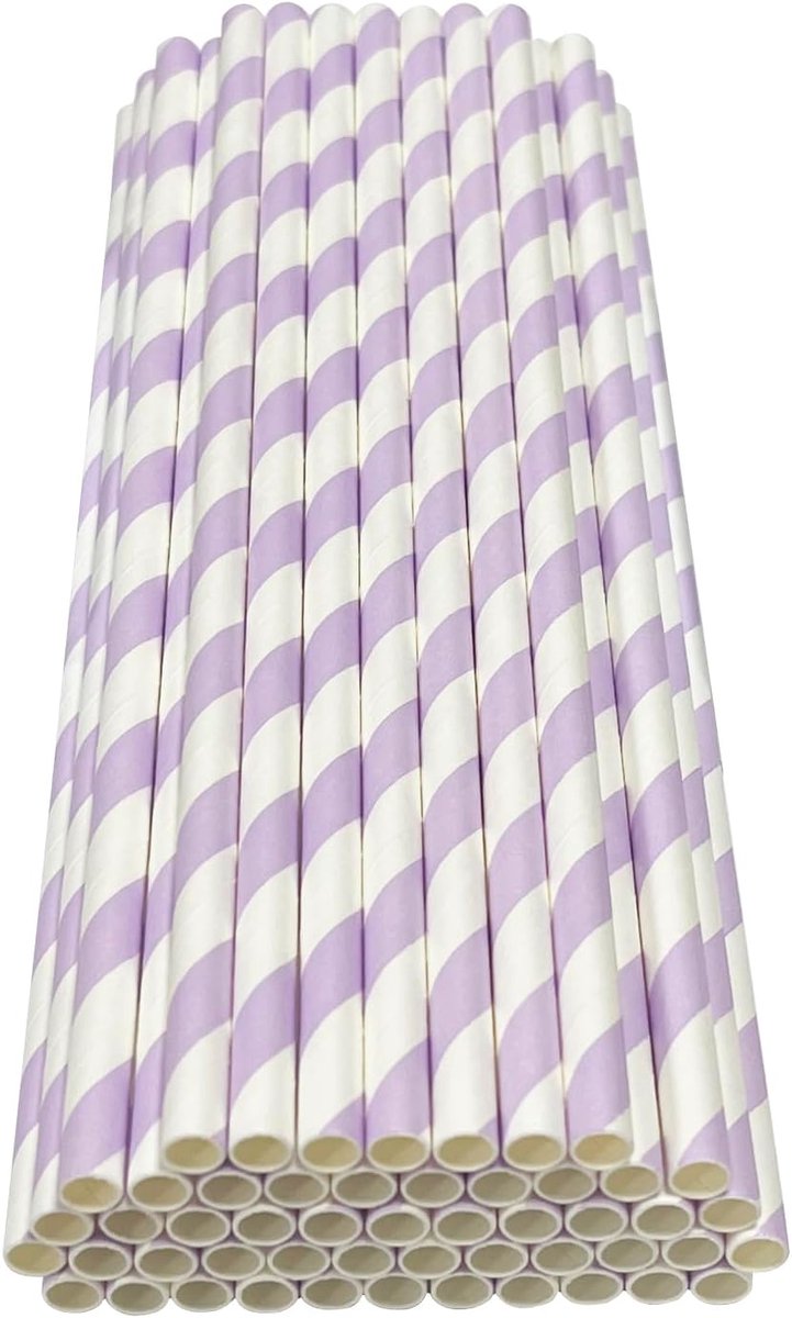 Rietjes, biologisch afbreekbare papieren rietjes om te drinken cocktail, koffie, koude dranken (strepenpatroon) (White/Light Purple Stripes)
