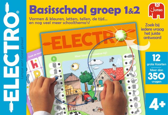 De doos van het 'Electro'-spel voor groep 1&2. Een boerderijlandschap met dieren, zon en wolken. De tekst 'ELECTRO', 'Basisschool groep 1&2' en 'Jumbo' zijn zichtbaar.