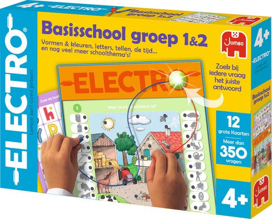 De doos van het 'Electro'-spel. Met een boerderijlandschap en dieren. De tekst 'ELECTRO' en 'Basisschool groep 1&2' staan op de doos.