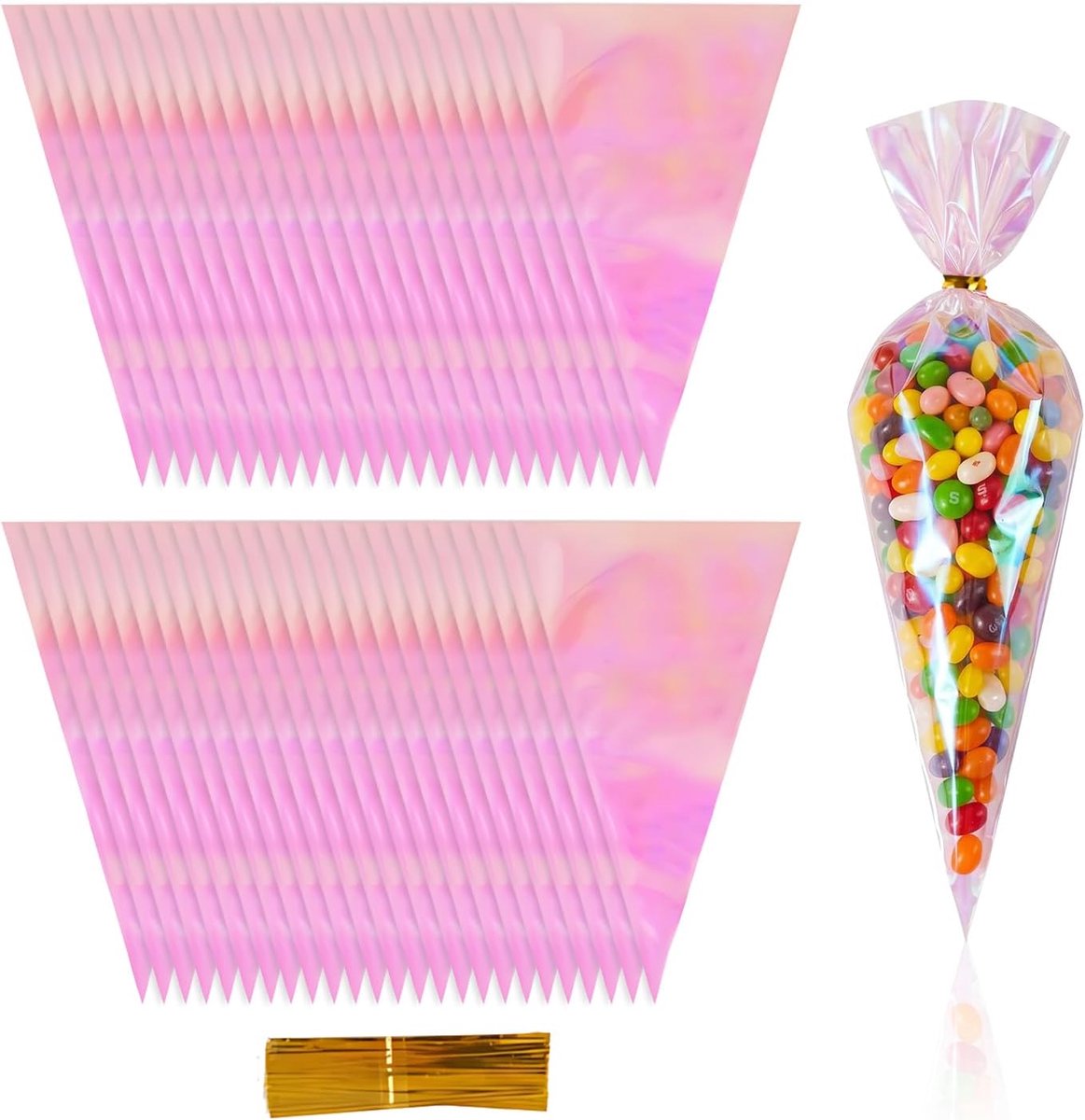 50 stuks Cellofaan Puntzakken met Bindstrips, Transparante Traktatiezakjes voor Snoep, Gebak en Popcorn 18,5 x 30,5 cm
