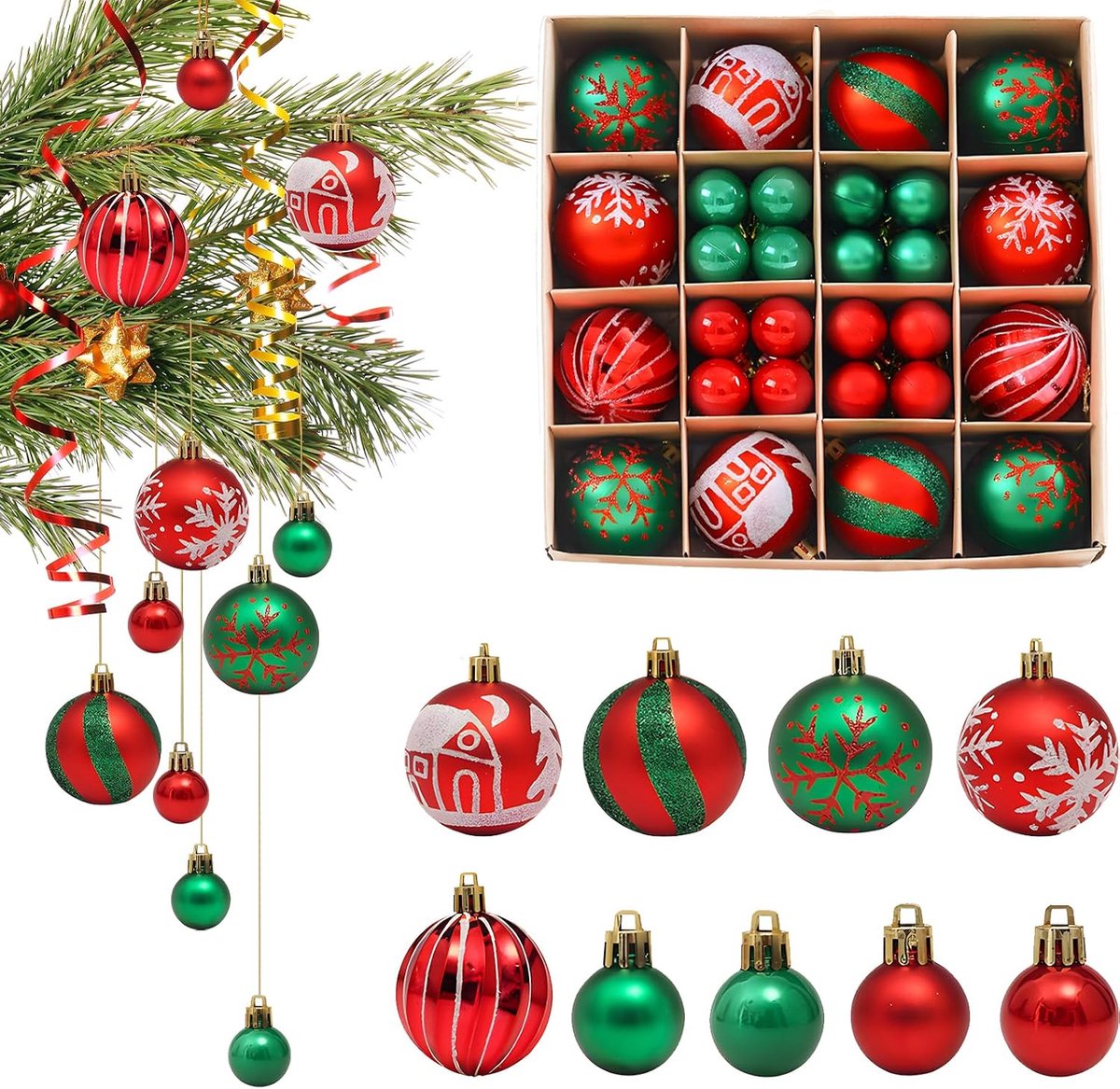 SnelShoppen - 44 Kerstballen Set - Kerstboomdecoraties - Plastic Kerstballen met Koord - Rood en Groen - Feestdecoratie voor Kerst en Feestdagen